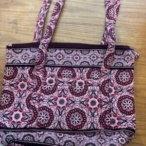 Quilted Fabric Tote Bag – Burgundy, Pink & White Floral Geometric Pattern